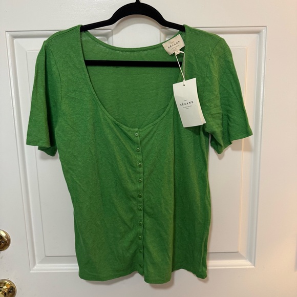 NWT Sezane Milo T-shirt Verde Green Cotton Linen Size Medium - Picture 2 of 11